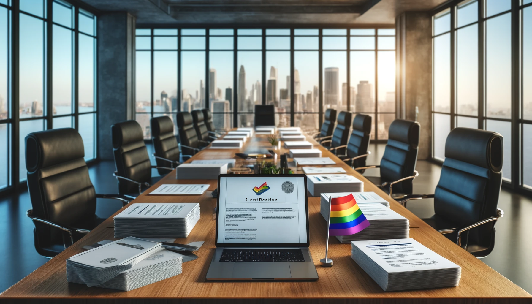 Photo of a Board Room with a laptop at the head and on the screen it says 'Certfification'